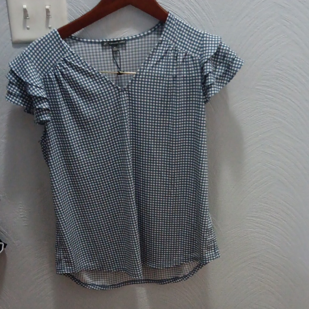 Adrianna Papell Navy Checkered Blouse with Flutter Sleeves